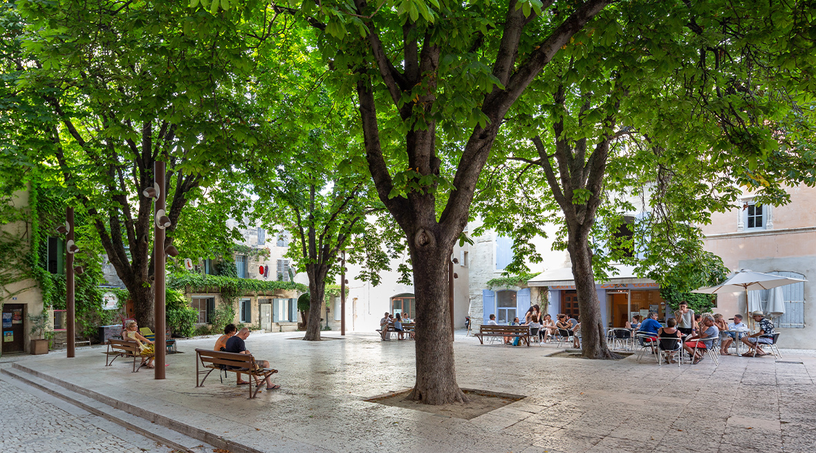 Several large trees overhang a quiet town square where people sit on benches and at a bar